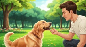 From Chaos to Calm: Build Better Dog Behavior with Positive Reinforcement 31 Dog trainer rewarding a dog with a treat in a park, illustrating positive reinforcement training methods