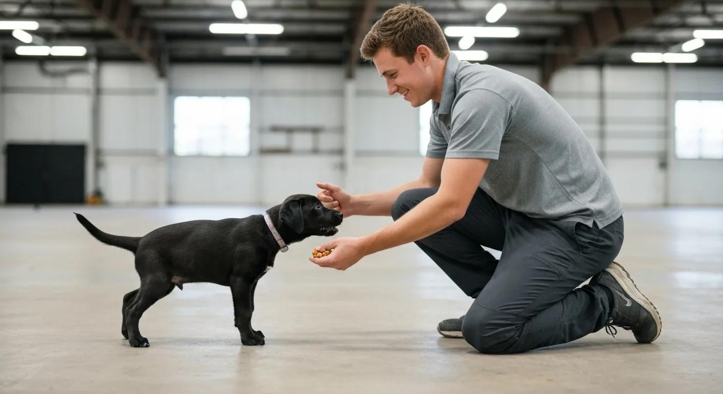 Trainer using positive reinforcement techniques with a puppy, illustrating effective socialization methods