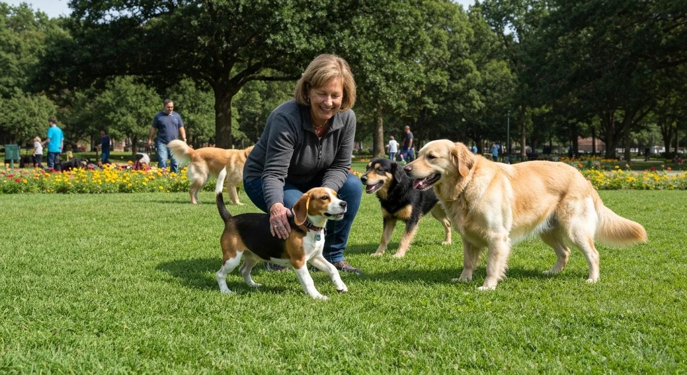 Puppy socialization in a park with people and dogs, emphasizing positive interactions