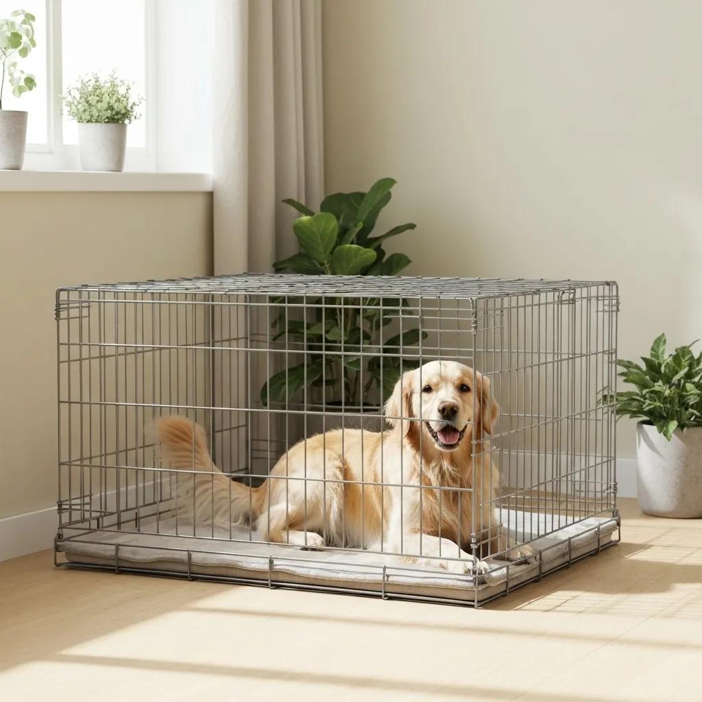 Dog resting in a properly sized crate, illustrating correct crate training practices for housebreaking