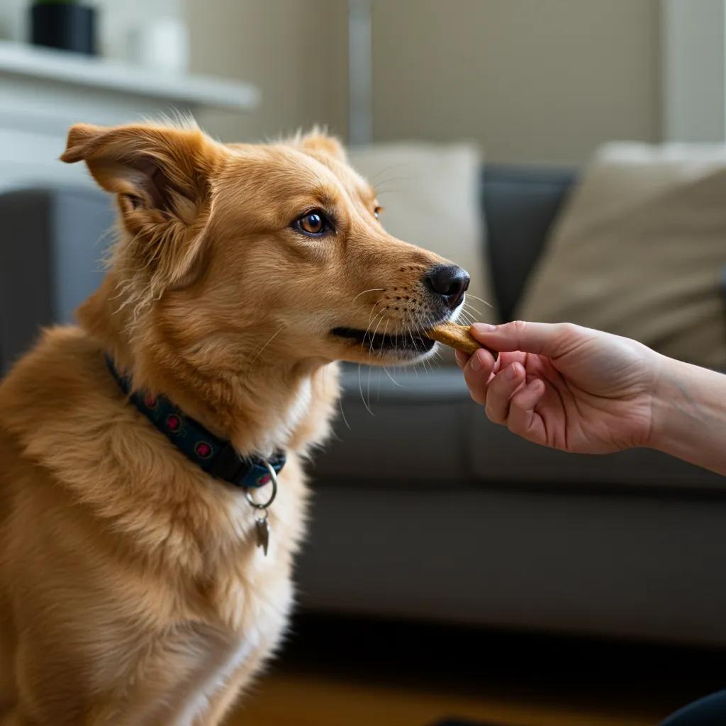 Dog receiving a treat from owner as a reward for positive reinforcement training