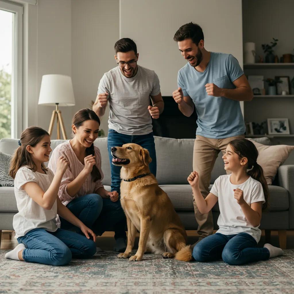 Discover Top Dog Training in Victoria, BC - K-9 Super Heroes 3 A happy family celebrating with their well-behaved dog at home, showcasing the positive impact of dog training and a strong human-animal bond