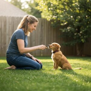First-time dog owner training a puppy with positive reinforcement in a sunny backyard