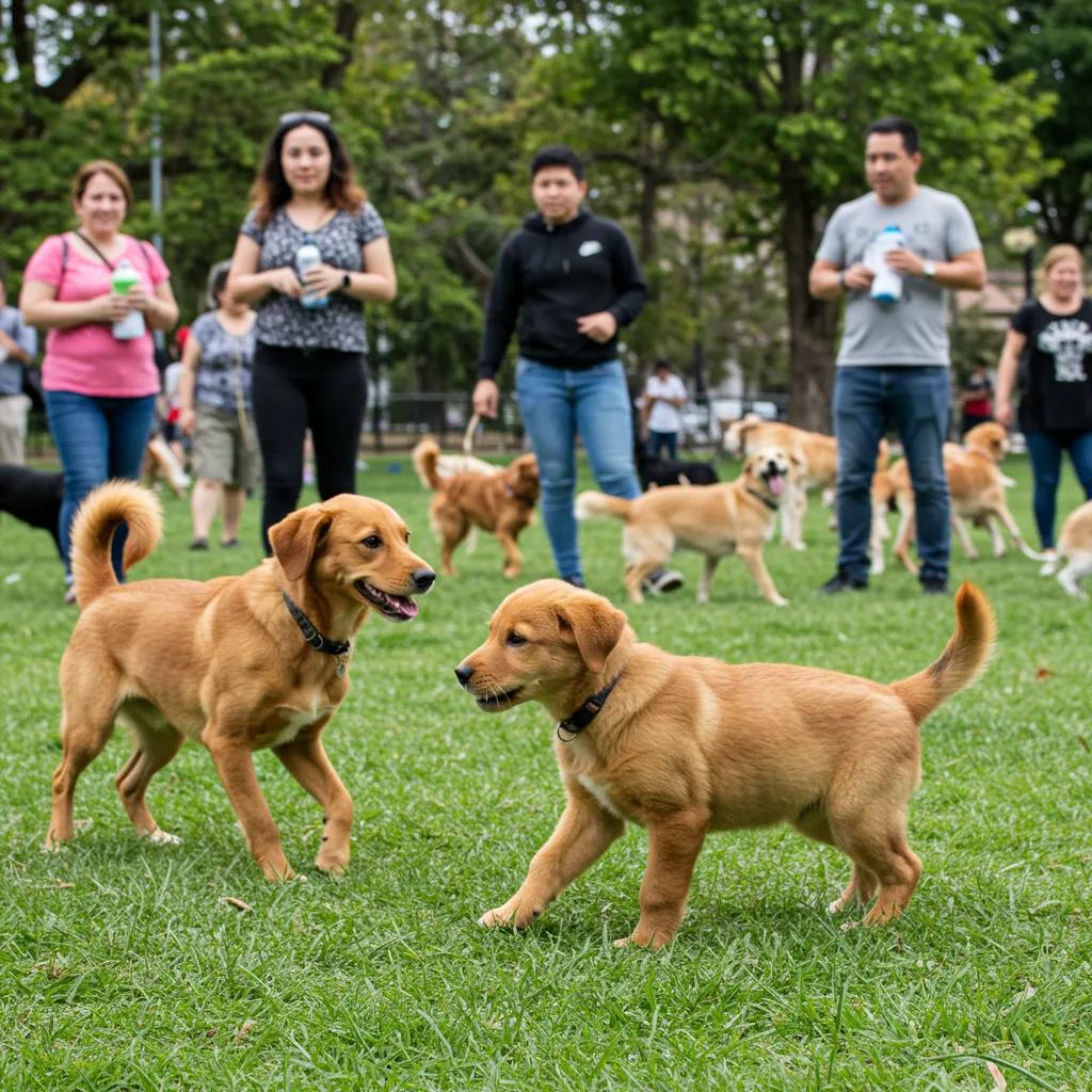Puppy socializing with other dogs in a park to promote positive interactions