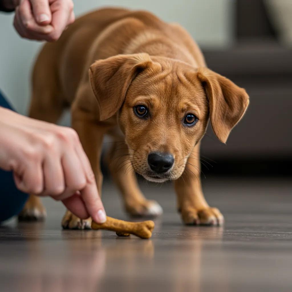 Master These 10 Essential Commands for Dog & Puppy Training 3 Puppy learning the 'Leave It' command with a treat in the owner's hand