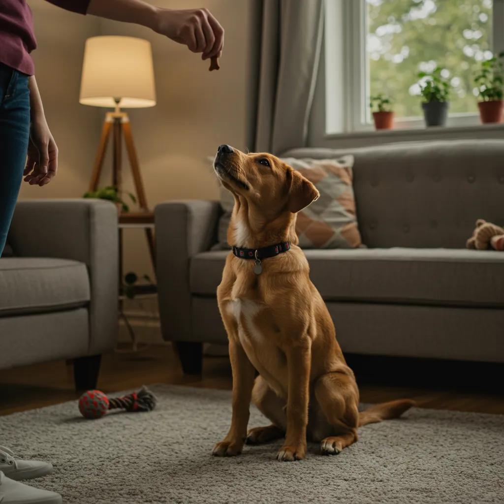Master These 10 Essential Commands for Dog & Puppy Training 2 Puppy sitting on command in a cozy living room, focused on a treat